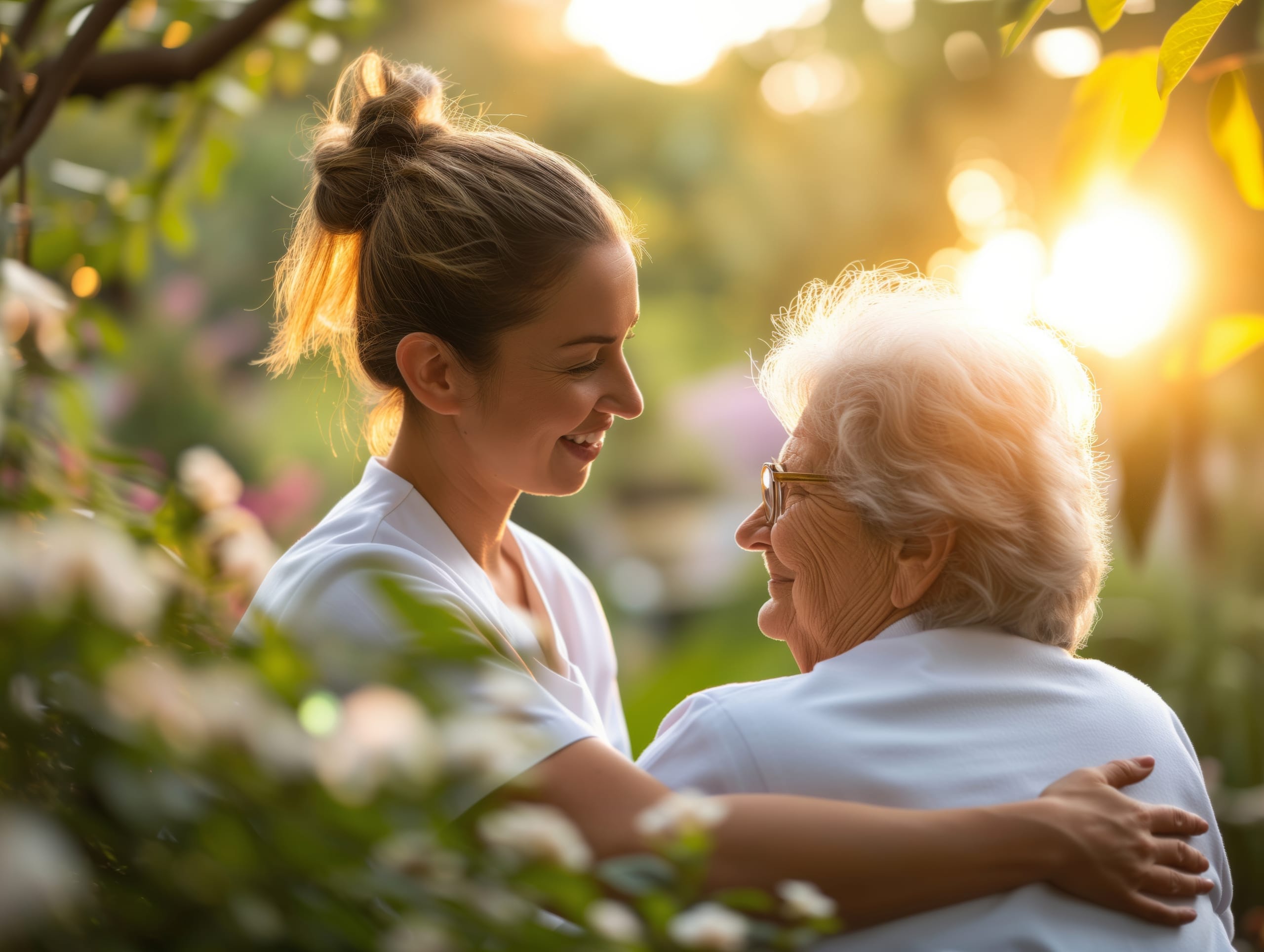 Idosa abraçada por uma senhora num campo ao ar livre — natureza, afeto e cuidado